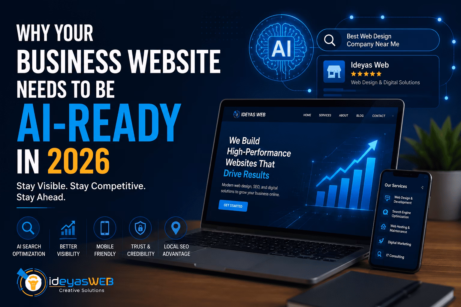 Why your business website needs to be AI-ready in 2026. Stay Visible. Stay Competitive. Stay Ahead. Ideyas Web